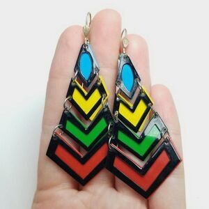 Vintage Colorful Chevron V Shape Long Dangle Earrings, Fun Bright Bold, Estate